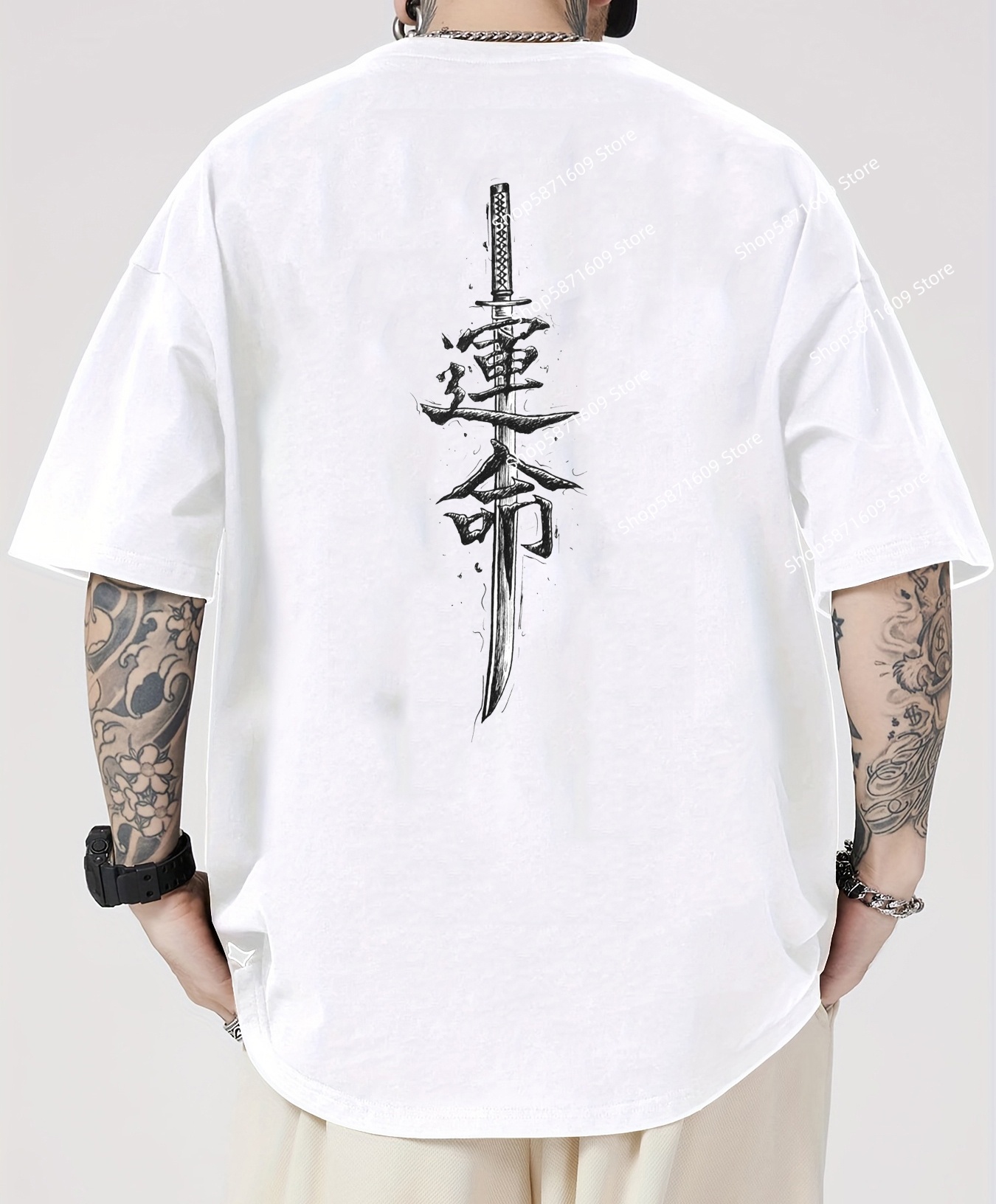 Home Improvement Man - Kurzarm-T-Shirt mit Samurai-Messermuster für Herren, lässiges